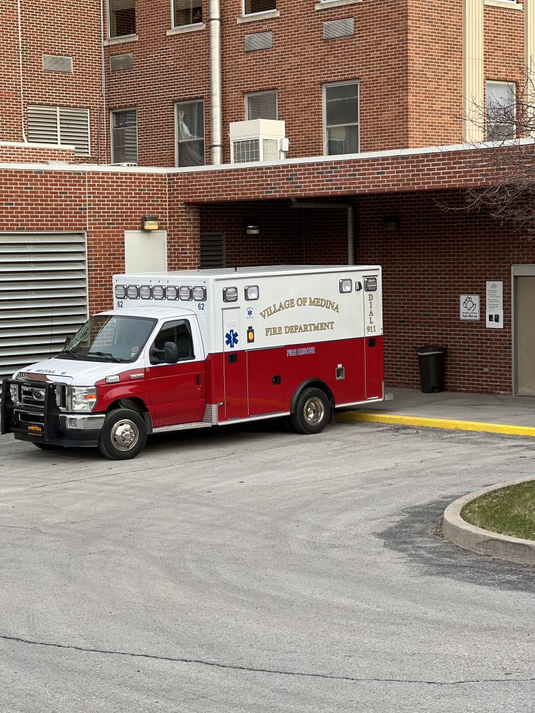 Ambulance at the Medina Memorial Hospital ER entrance.